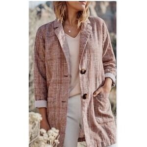 J Jill Plaid Relaxed Blazer‎ Size 1X Linen Cotton 3/4 Sleeve Button Front NWT
